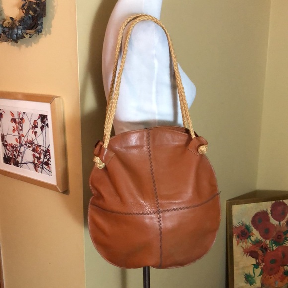 Vintage 70s Genuine 100% Leather Honey-Brown Dual-Rope Handle Round Bag GROOVY - Picture 2 of 16